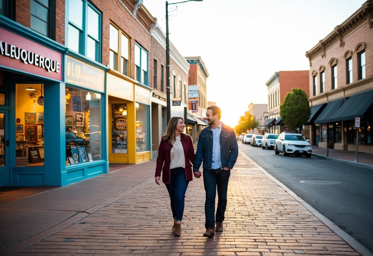 A couple strolls past colorful storefronts and art galleries in Nob Hill, Albuquerque. The sun sets, casting a warm glow on the bustling street