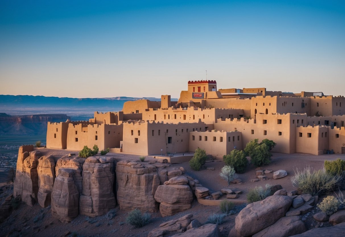 A scenic view of Acoma Pueblo with traditional adobe buildings, nestled atop a rocky mesa, surrounded by desert landscape and a clear blue sky