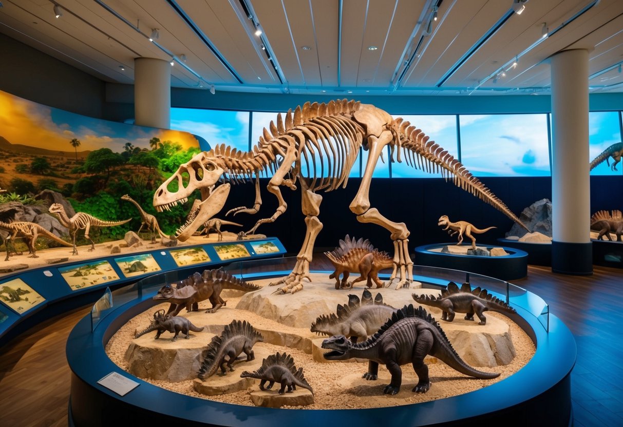 A dinosaur skeleton towering over a display of ancient fossils, surrounded by interactive exhibits and colorful dioramas of prehistoric landscapes