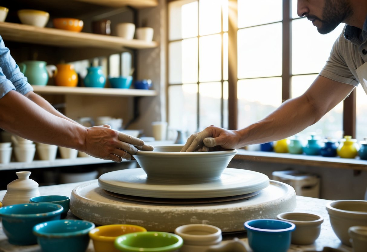 A pottery wheel spins as hands shape clay, surrounded by shelves of colorful glazes and finished pieces. Sunlight streams through large windows onto the creative workspace