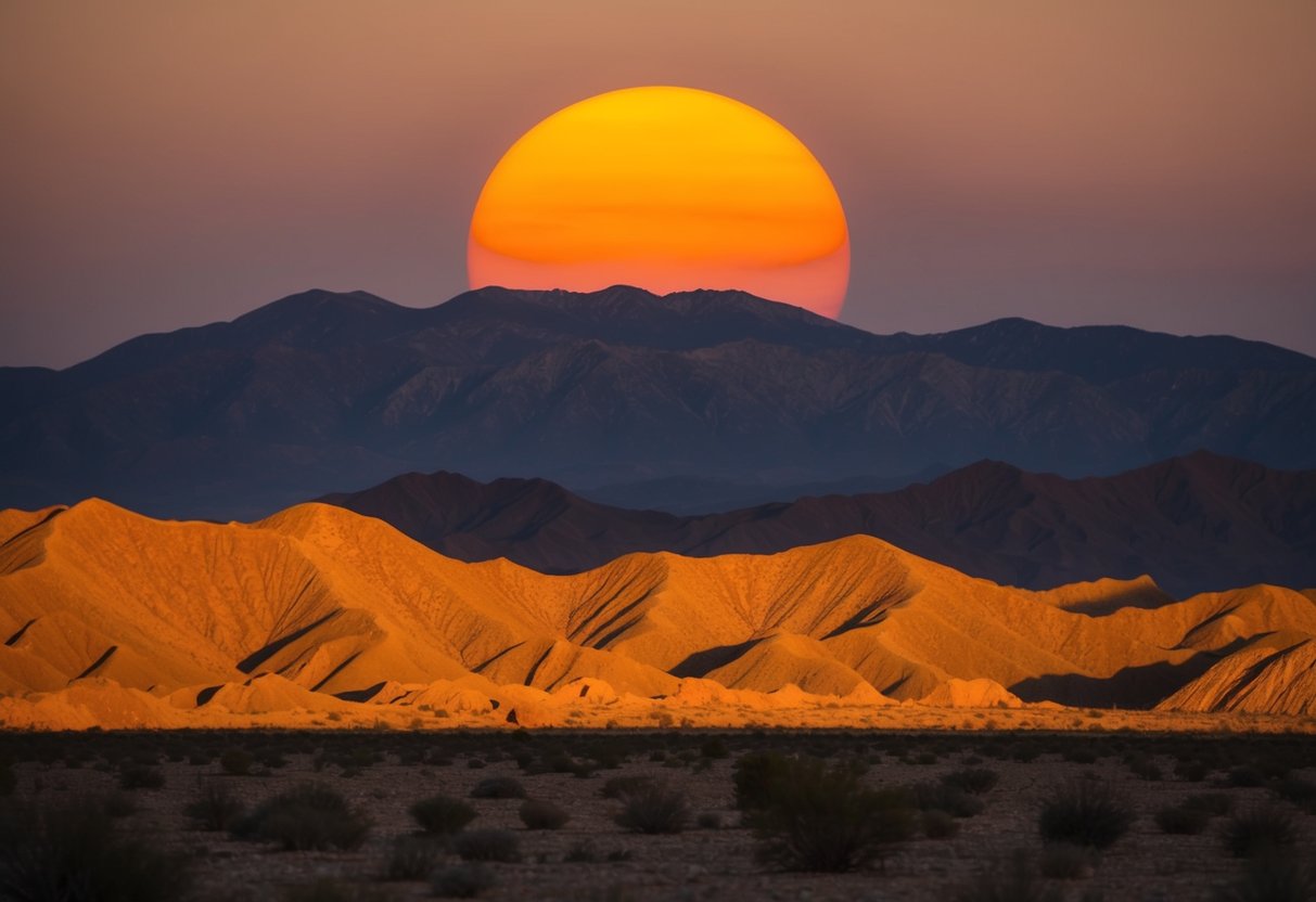 Golden sun setting behind silhouetted mountains, casting warm hues over a rugged desert landscape