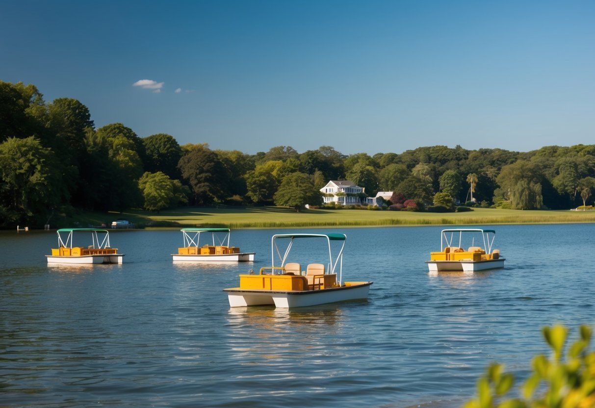 Paddle boats on calm lake at Tingley Beach, surrounded by lush greenery and clear blue skies