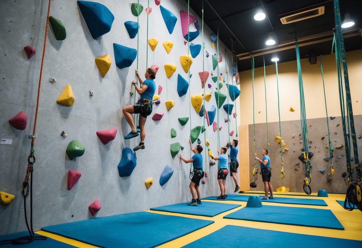 Rock climbing wall at Stone Age Climbing Gym with colorful holds and ropes, climbers scaling the wall, surrounded by safety mats