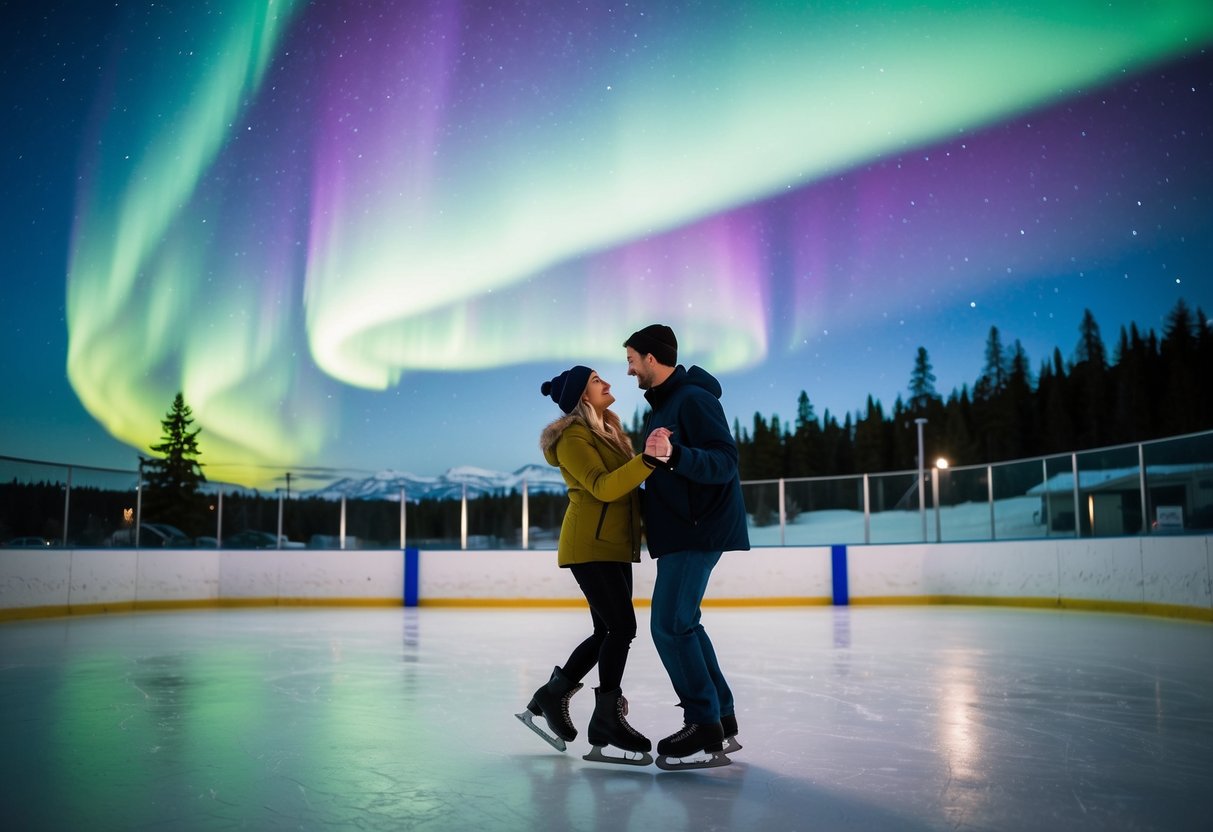 A couple ice skating under the Northern Lights at an outdoor rink in Anchorage, Alaska