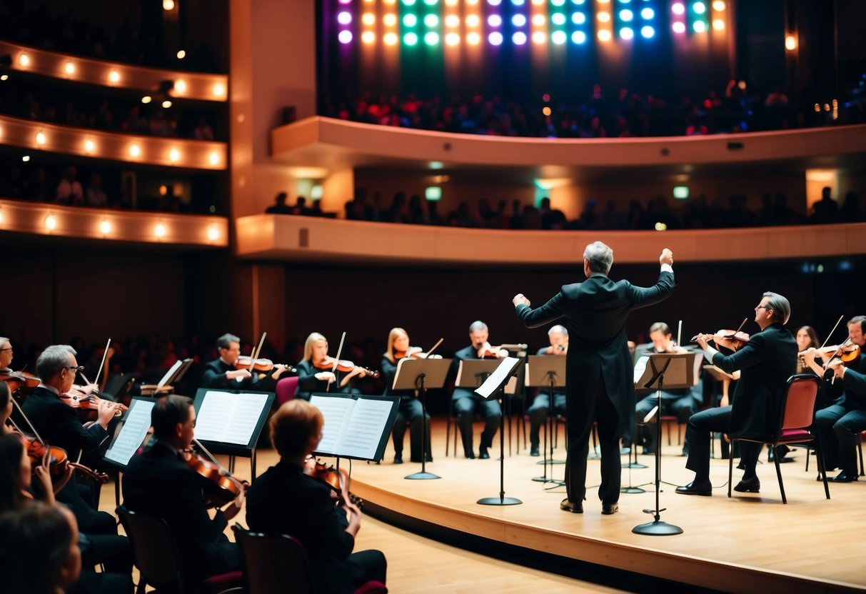 Audience in dimly lit theater, stage illuminated with colorful lights, musicians playing instruments, and conductor leading the orchestra at Popejoy Hall