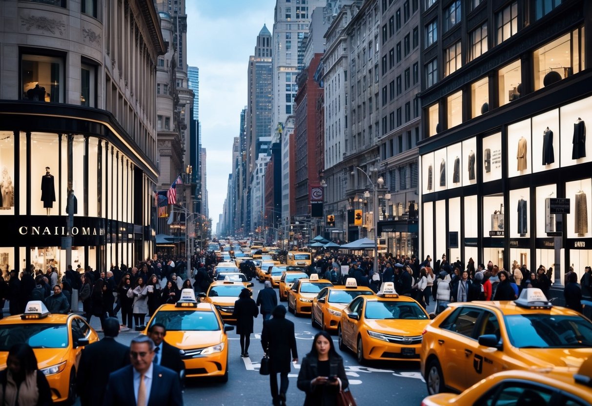 Crowded 5th Avenue with luxury stores and stylish shoppers. Iconic buildings line the street. Taxis and pedestrians fill the bustling city scene
