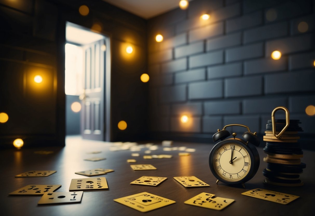 A dimly lit room with scattered clues and puzzles, a locked door, and a ticking timer