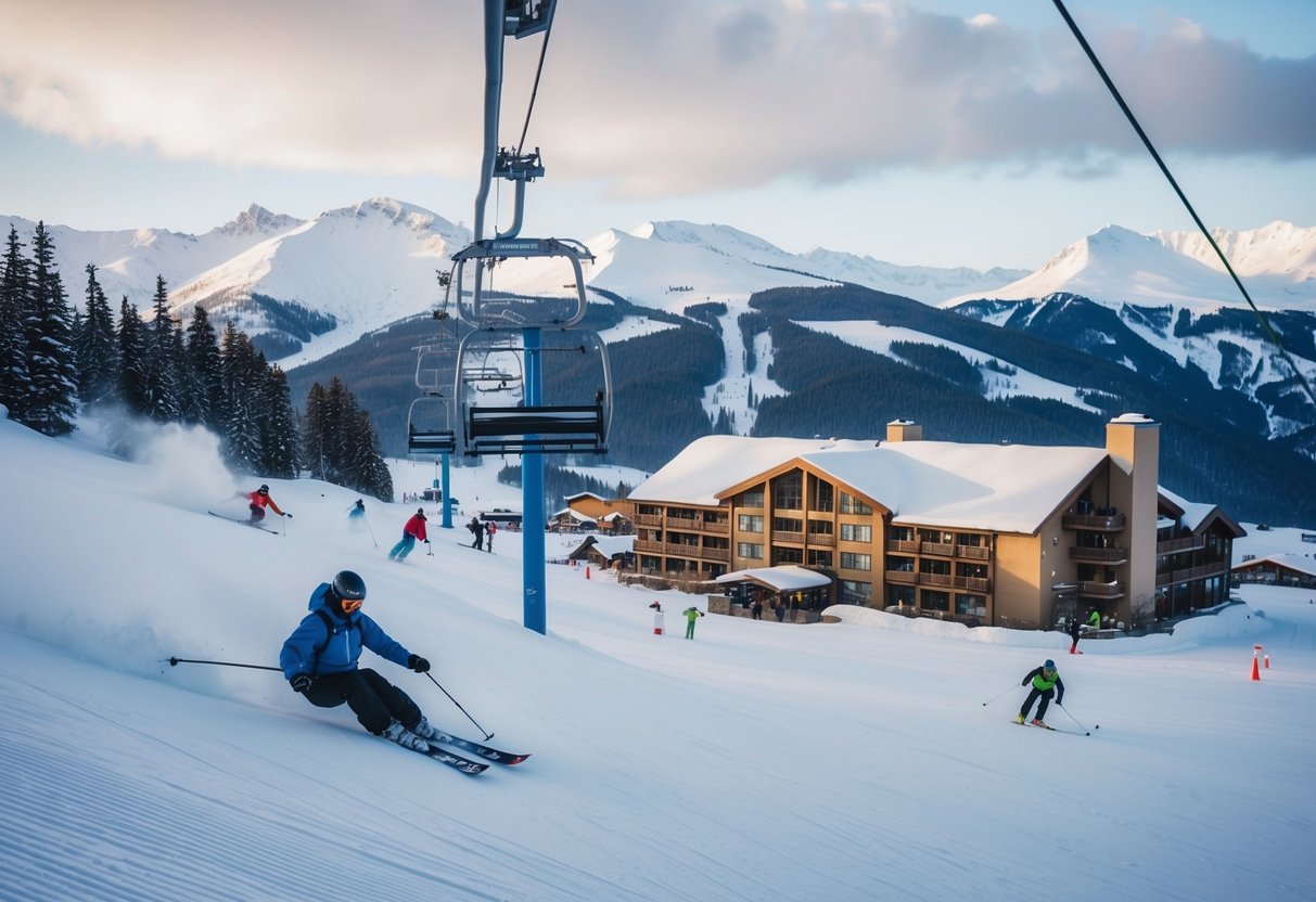 Snow-covered mountains with skiers gliding down slopes, chairlifts ascending in the background, and a cozy lodge nestled at the base of the Alyeska Resort in Anchorage, Alaska