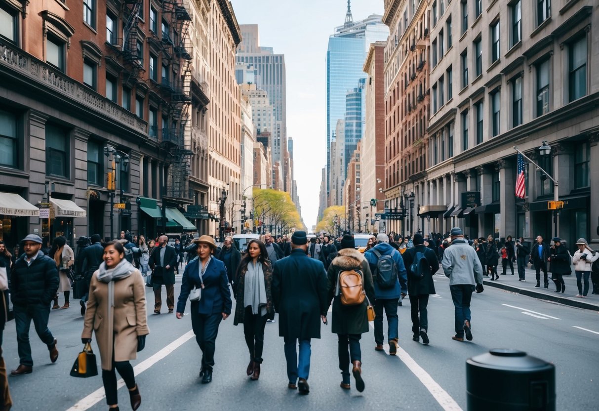 A bustling New York City street lined with historic buildings and landmarks, with tourists and locals walking and exploring the area