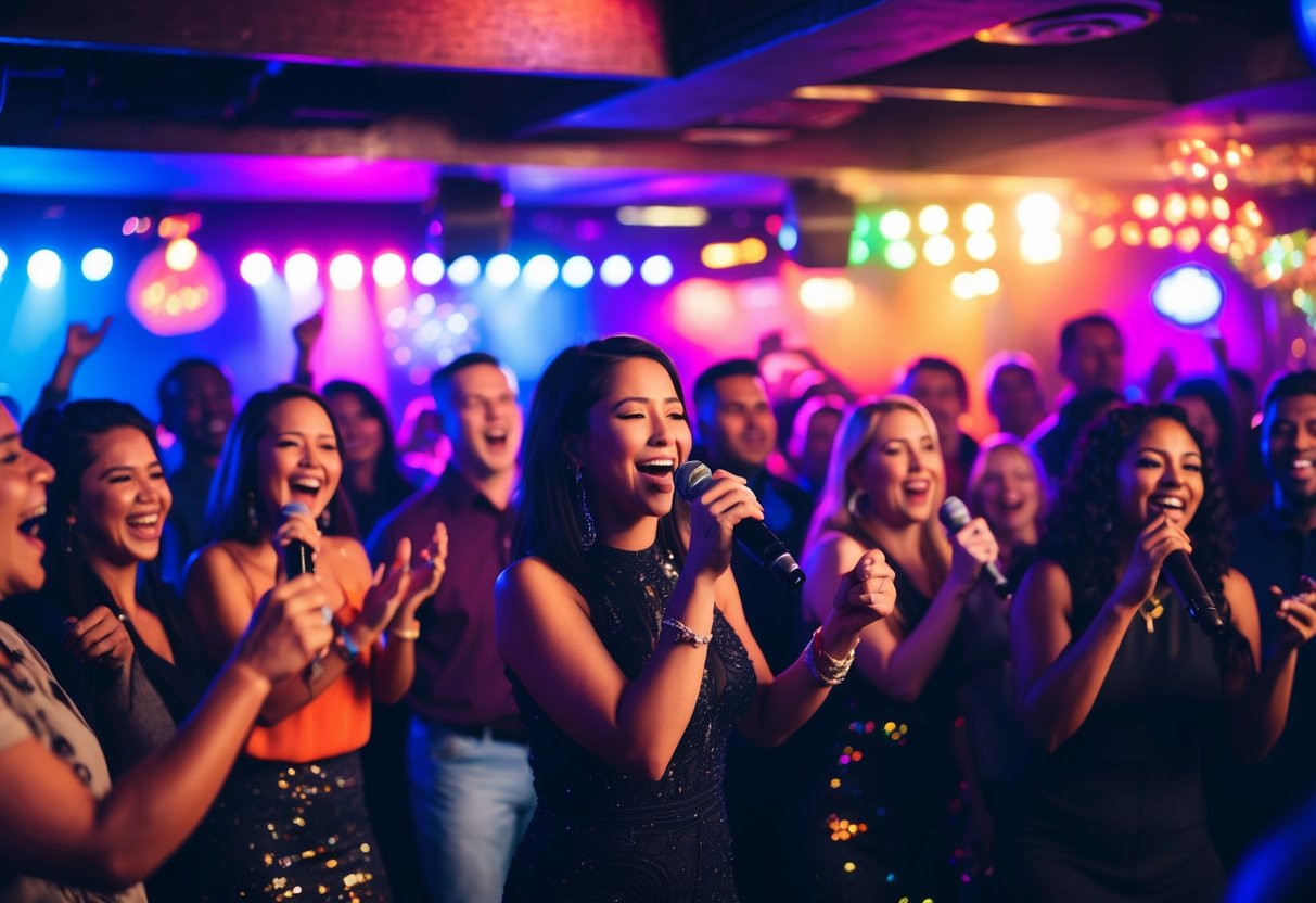People singing on stage at a lively karaoke bar in NYC. Colorful lights illuminate the crowd as they cheer and dance