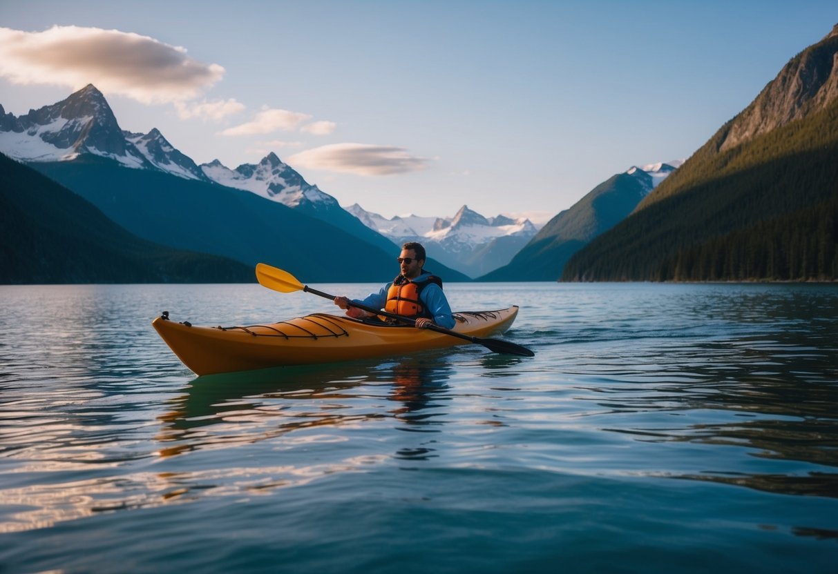 A lone kayak glides through the calm waters of Resurrection Bay, surrounded by towering mountains and the serene beauty of the Alaskan wilderness