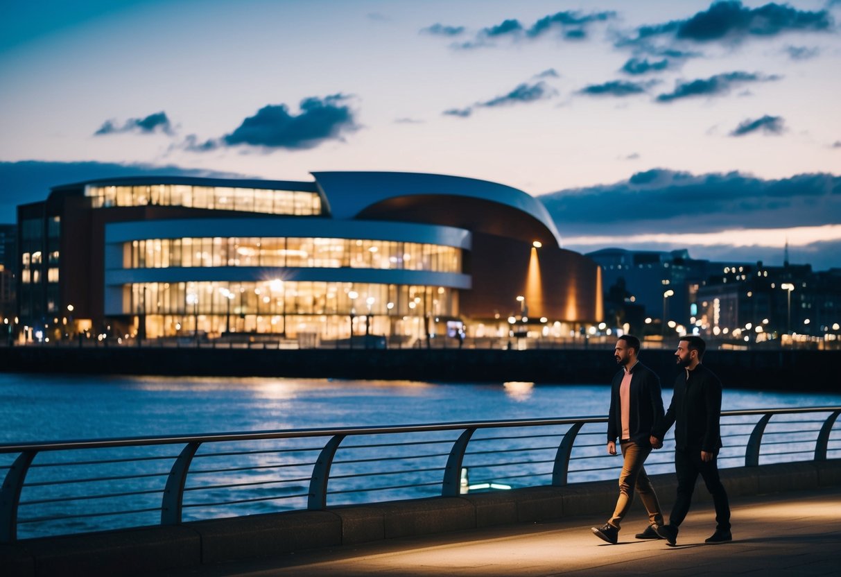 A couple strolling along the waterfront of Cardiff Bay, passing by the iconic Wales Millennium Centre and enjoying the evening city lights