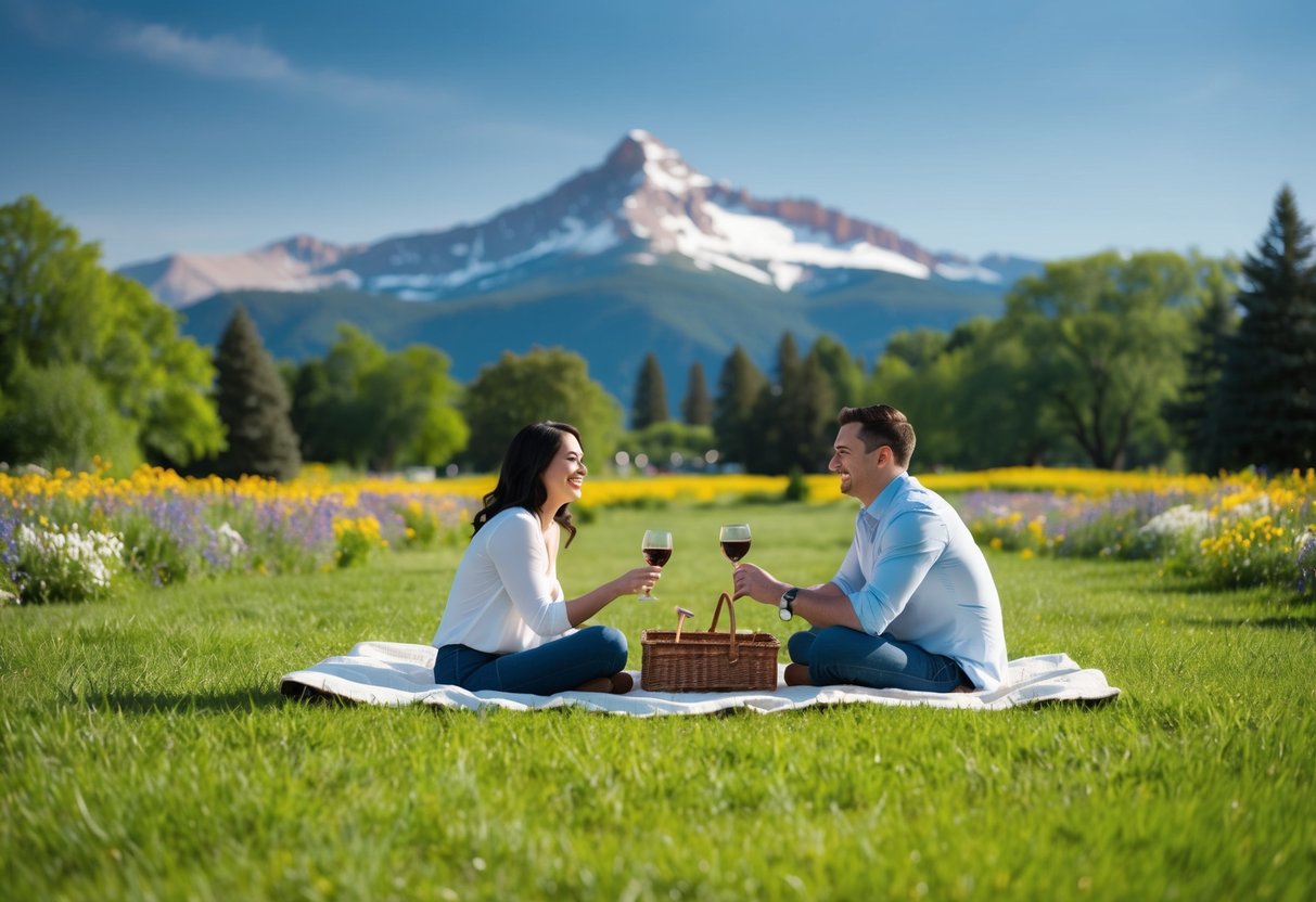 A couple picnicking in a lush green park with Pikes Peak in the background, surrounded by blooming wildflowers and a clear blue sky