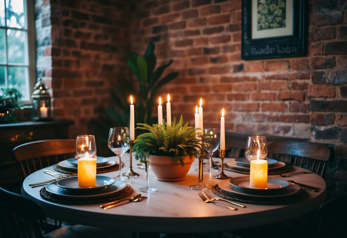 A cozy table set with flickering candles and a potted plant centerpiece, surrounded by rustic brick walls and vintage decor