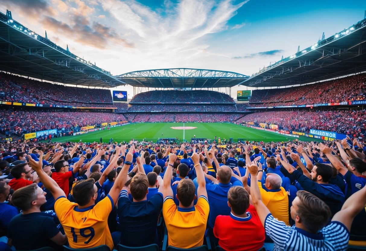 A crowded stadium with a vibrant atmosphere, filled with cheering fans and colorful banners, as they watch an exciting event unfold on the field