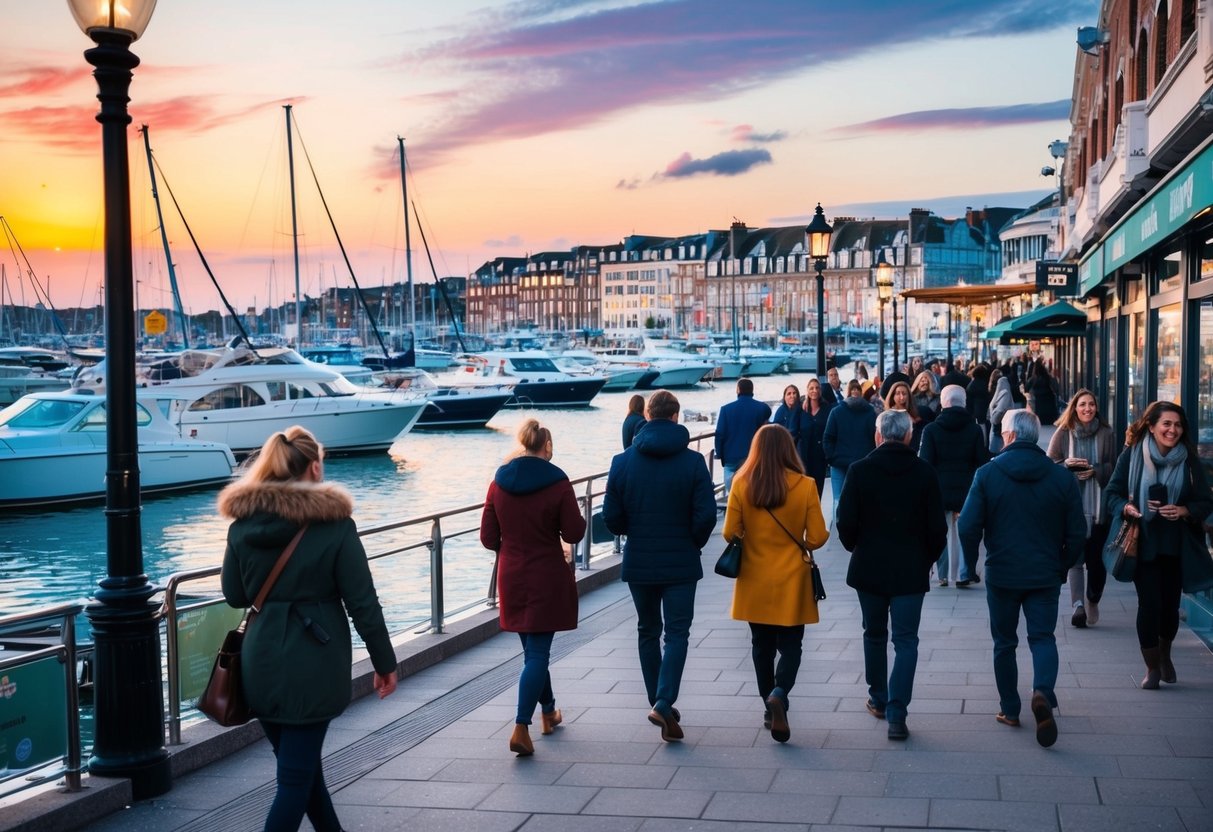 People strolling by waterfront shops and cafes at Mermaid Quay, with boats bobbing in the marina and a colorful sunset in the background