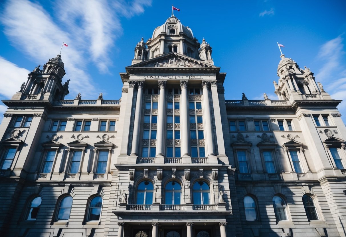 The grand exterior of Cardiff City Hall, with its imposing architecture and intricate details, stands proudly under the bright sunlight