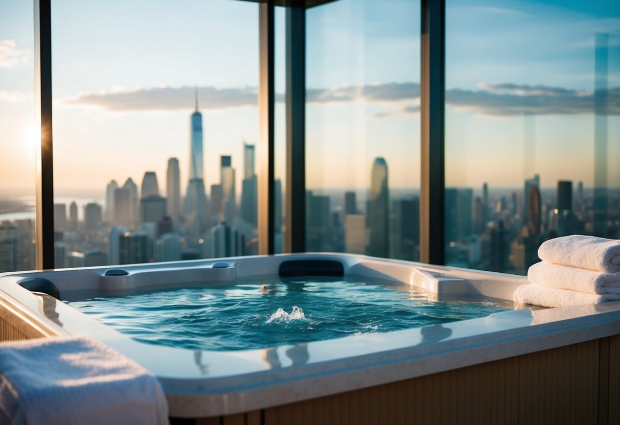 A serene spa with plush robes, soft lighting, and a bubbling hot tub overlooking the city skyline