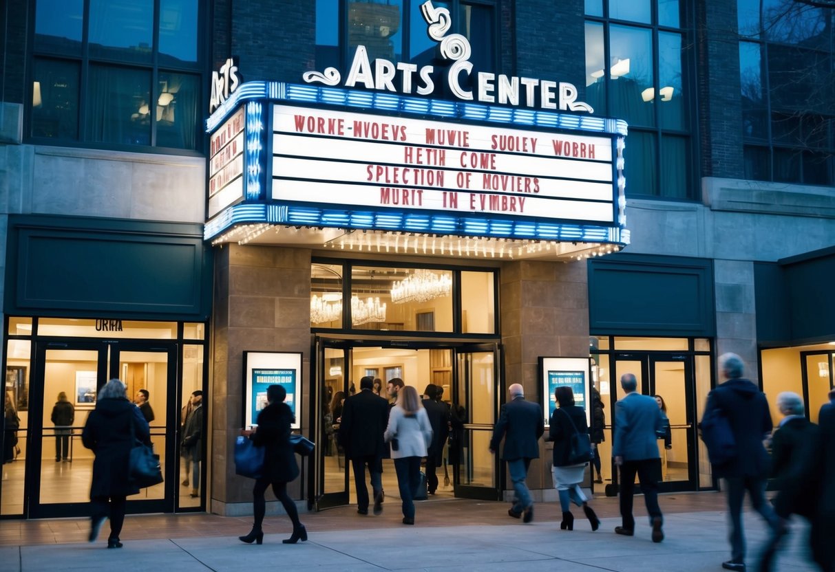 A bustling arts center with a marquee displaying movie titles, surrounded by people entering and exiting the building