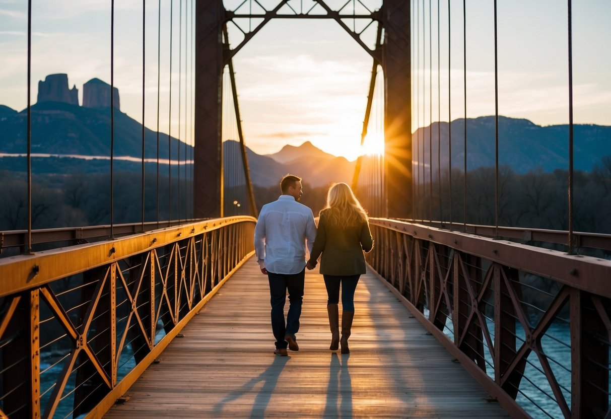 A couple walks across the Royal Gorge Bridge at sunset, with the mountains in the background and the Arkansas River flowing below