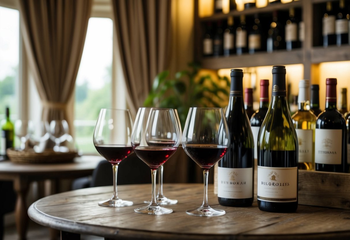 A cozy tearoom with elegant wine glasses, a rustic wooden table, and a variety of wine bottles on display