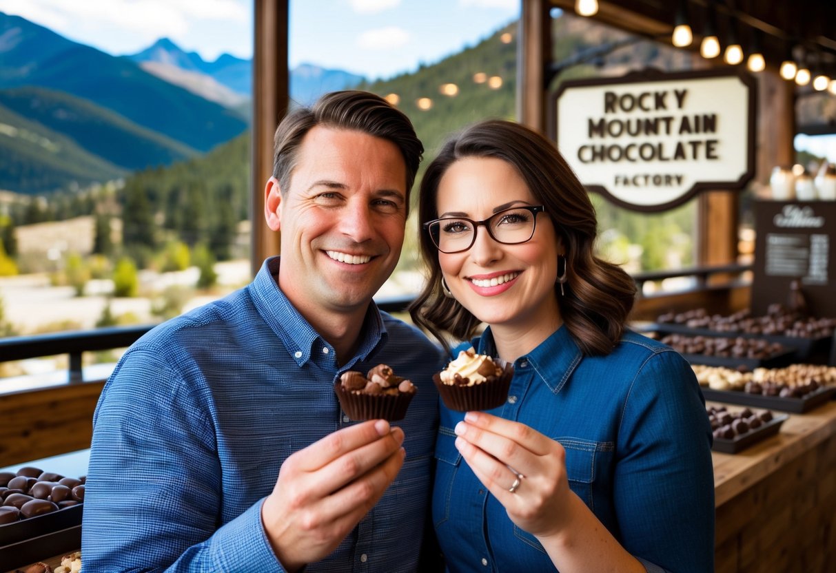A couple enjoys chocolate treats at a Rocky Mountain Chocolate Factory in Colorado Springs, surrounded by picturesque mountain views