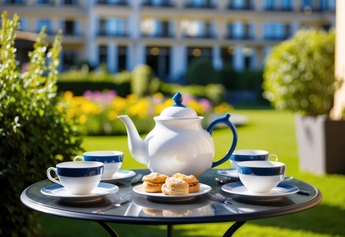A table set with a teapot, cups, and pastries in a sunny hotel garden
