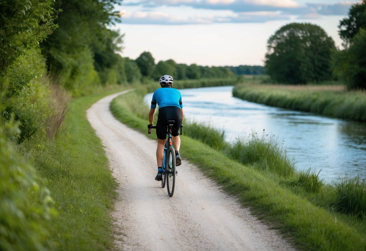 A cyclist rides along Taff Trail, passing through lush greenery and alongside a tranquil river