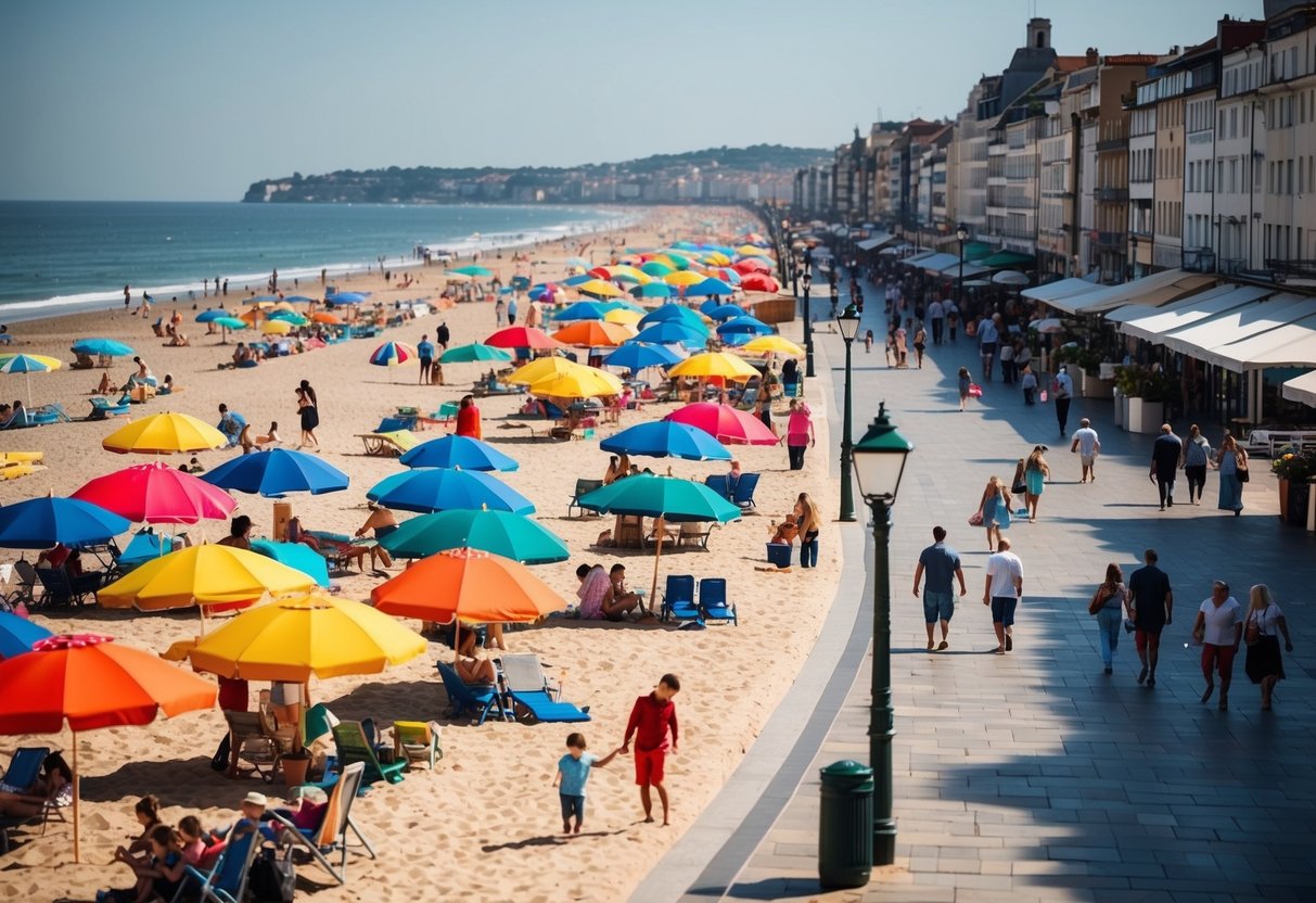 A sunny beach with colorful umbrellas, families playing in the sand, and a bustling promenade lined with shops and cafes