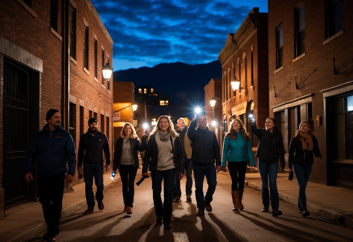 A group of people with flashlights exploring dark alleys and historic buildings on a ghost tour in downtown Colorado Springs