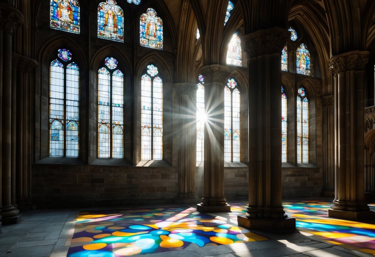 Sunlight streams through stained glass windows onto the ancient stone pillars of Llandaff Cathedral, casting colorful patterns on the floor
