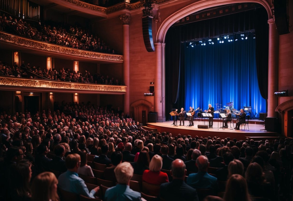 Audience fills St David's Hall, stage lit with musicians performing
