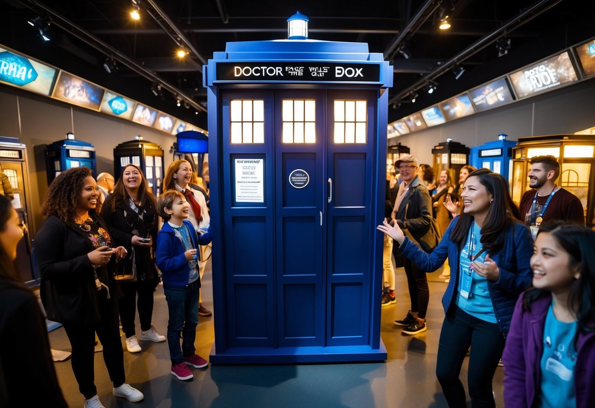 A TARDIS-themed exhibit with interactive displays and props from the Doctor Who series, surrounded by enthusiastic visitors