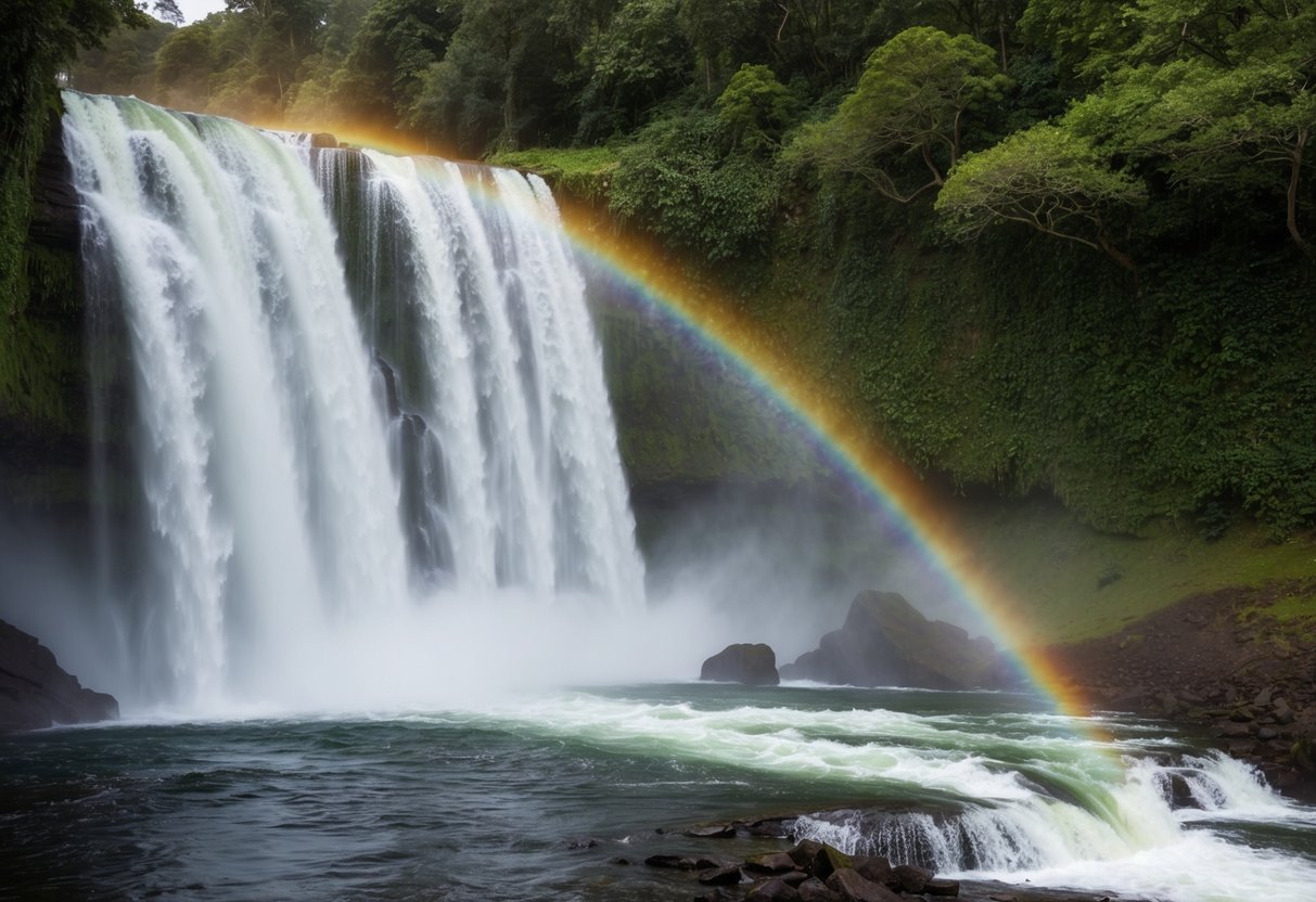 A cascading waterfall surrounded by lush greenery, with a vibrant rainbow arcing over the mist from the falls