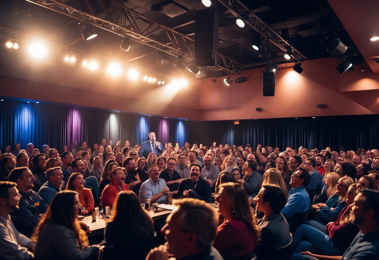 A crowded comedy club with a stage, microphone, and spotlight. Laughter fills the room as the audience enjoys the show