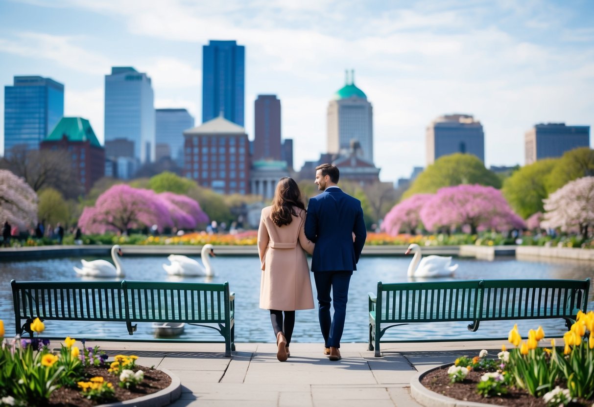A couple strolling through Boston's Public Garden, admiring the blooming flowers and swan boats on the pond