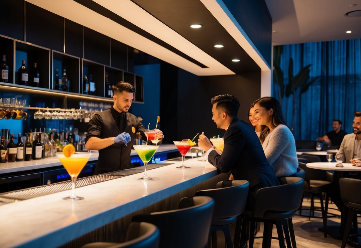 A stylish bar with modern decor and dim lighting. A bartender expertly mixes colorful cocktails behind a sleek counter. Tables are filled with couples enjoying drinks and conversation