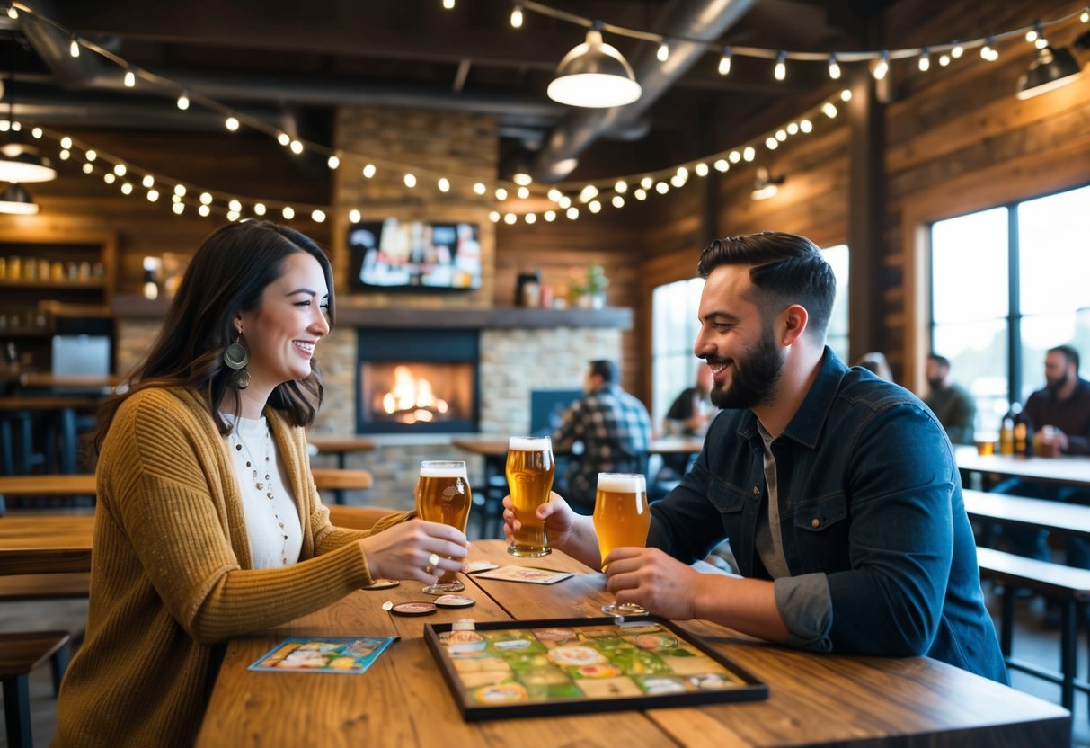 A cozy brewery with string lights, wooden tables, and a fireplace. A couple enjoys craft beers while playing board games