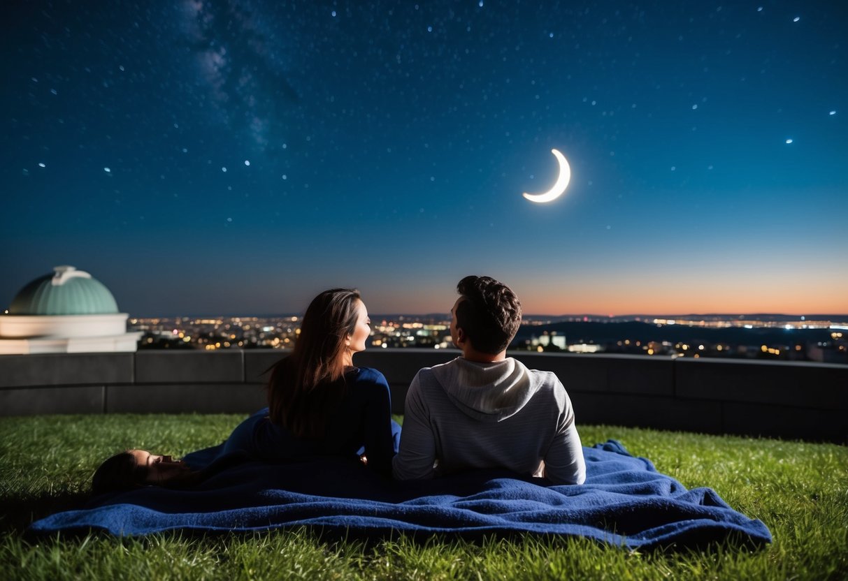A couple lying on a blanket, gazing up at the stars outside Coit Observatory in Boston. The night sky is clear, with twinkling stars and a crescent moon