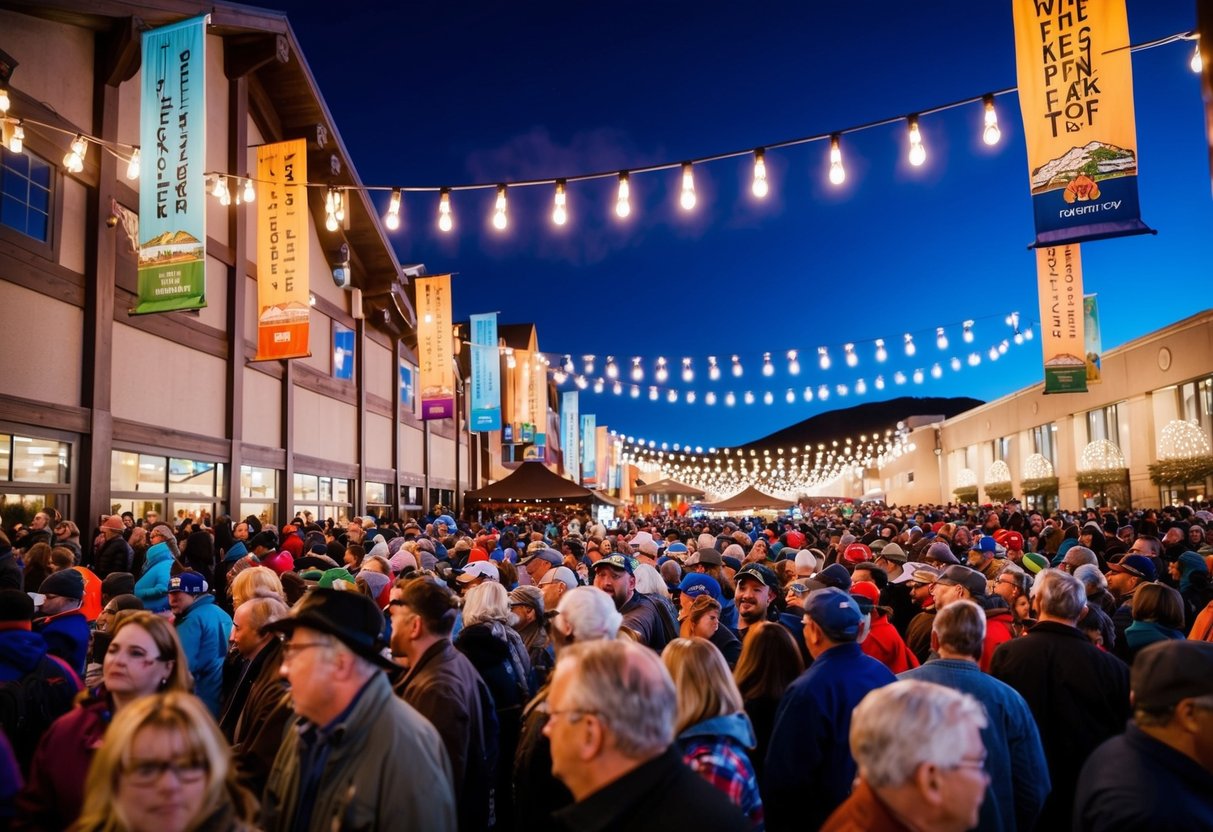 A bustling crowd gathers outside Pikes Peak Center, with colorful banners and twinkling lights setting the stage for a lively show in Colorado Springs