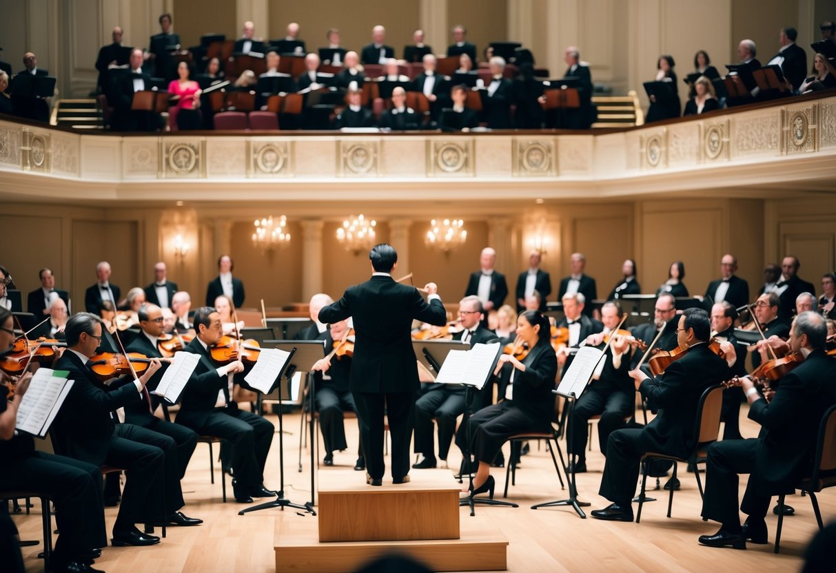 The Boston Symphony Orchestra performing in a grand concert hall, with elegant decor and a captivated audience