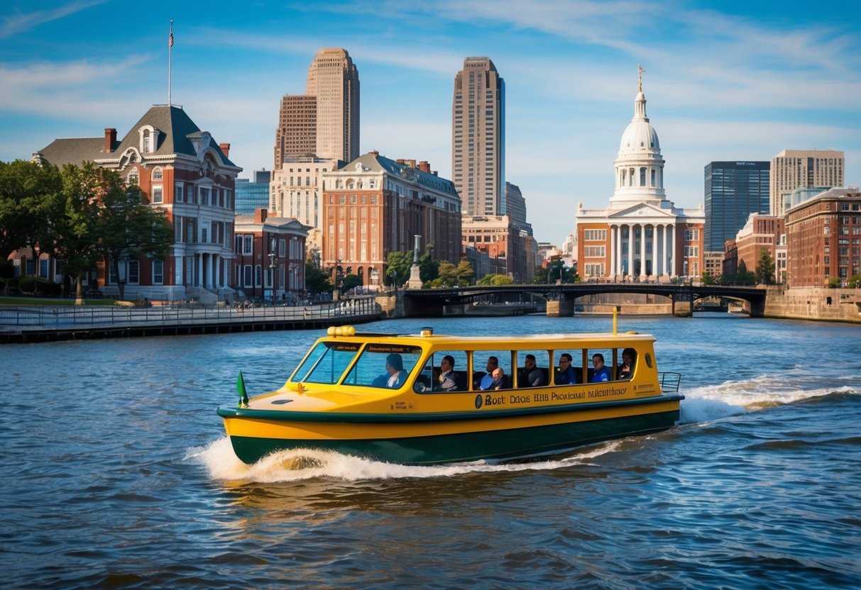 A duck boat cruises through Boston's historic streets and waterways, passing by famous landmarks like the Old State House and the USS Constitution