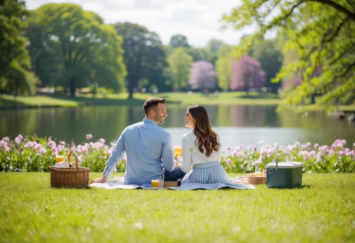 A couple picnicking in a lush Charlotte park, surrounded by blooming flowers and a serene lake