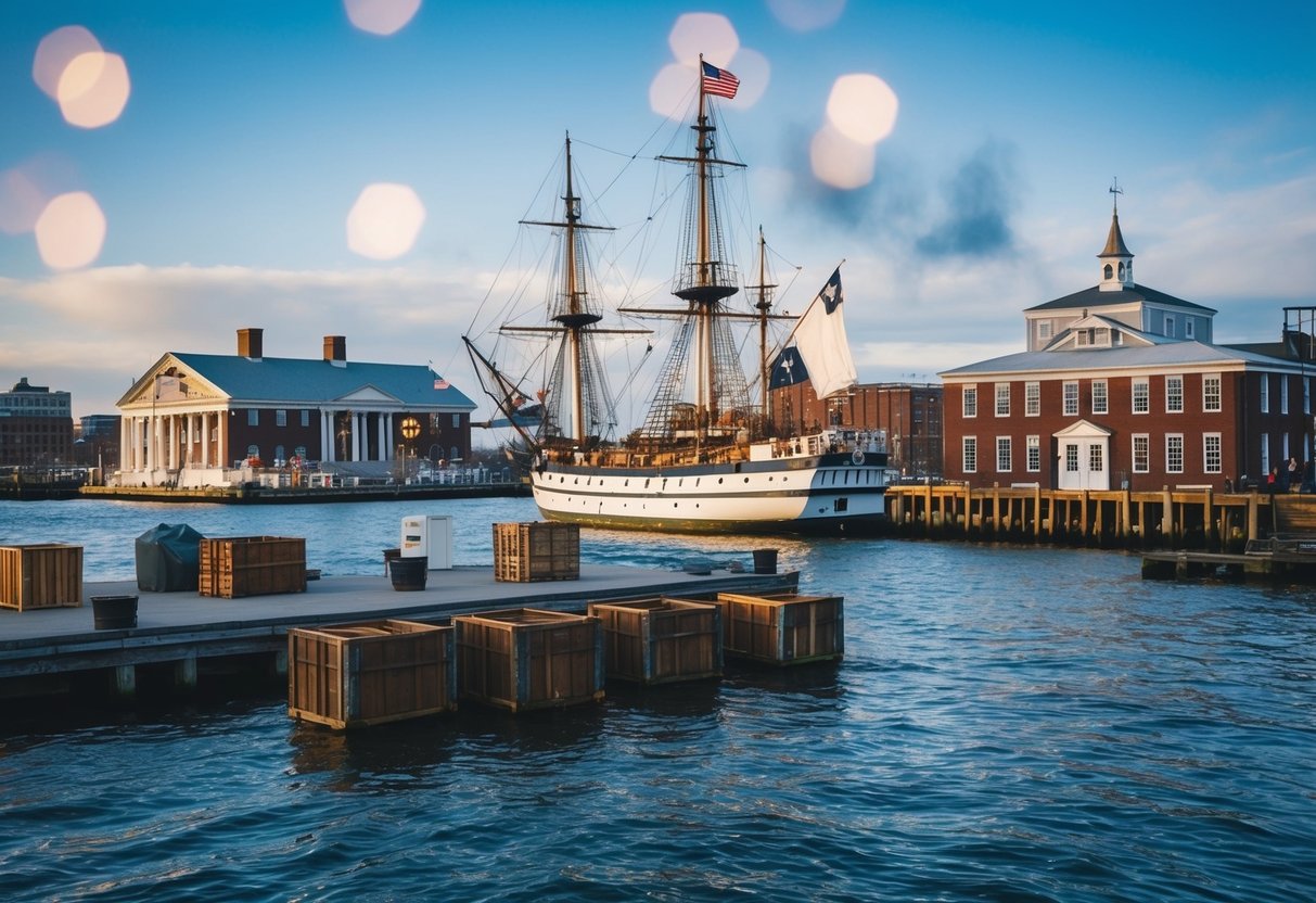 The Boston Tea Party Ships and Museum: a historic harbor scene with ships, crates, and colonial buildings