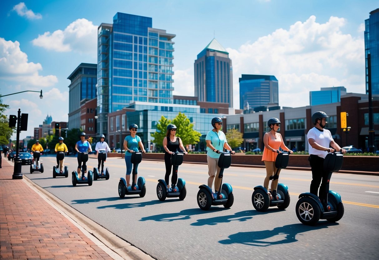 A group of Segway riders glide through Uptown Charlotte, passing by bustling streets and modern buildings, with the city skyline in the background