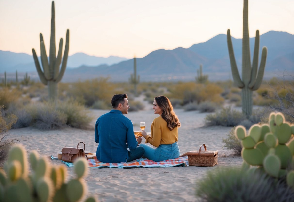 A couple picnicking in a serene desert landscape at sunset, with cacti and mountains in the background