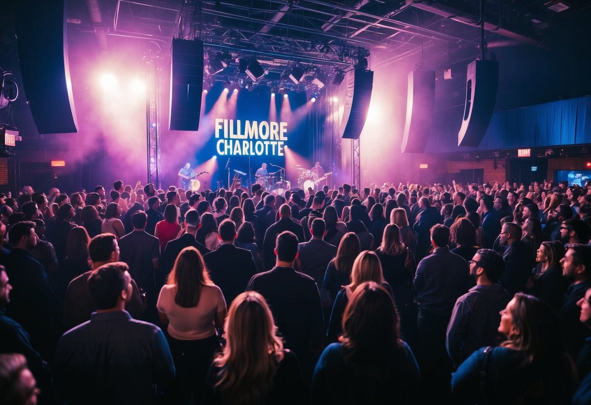 Crowd sways to music at The Fillmore Charlotte, lights illuminate the stage, creating an electric atmosphere