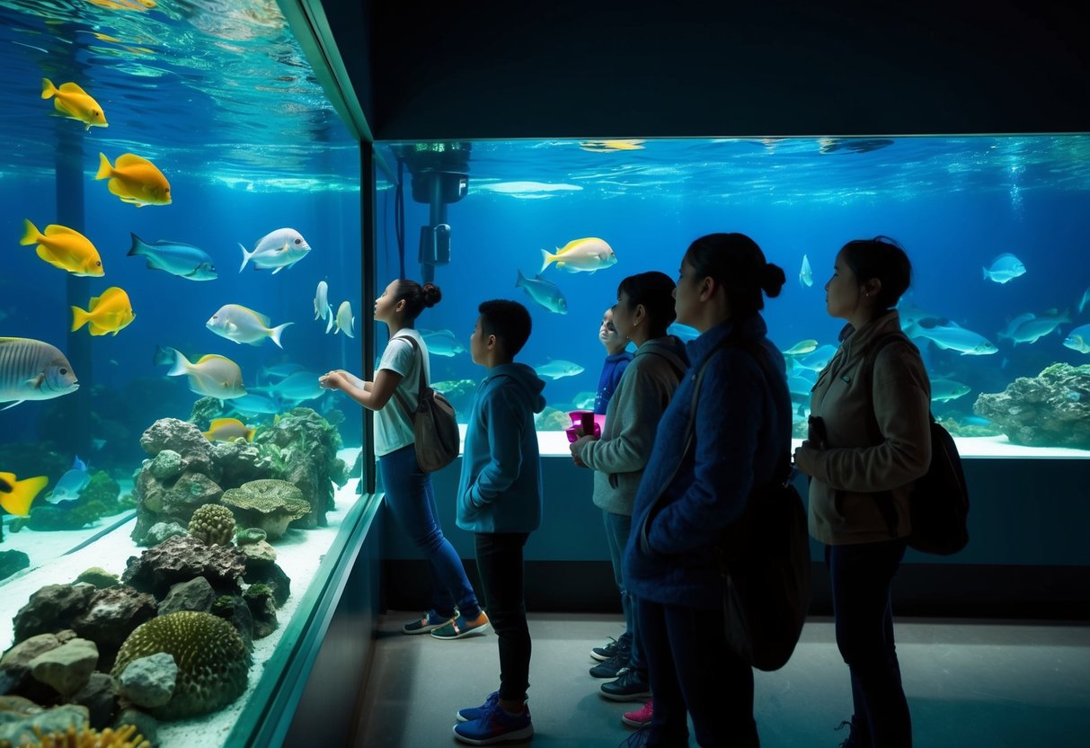 Visitors observe colorful fish and marine life in large tanks at the New England Aquarium. The room is dimly lit, creating a serene and mesmerizing atmosphere