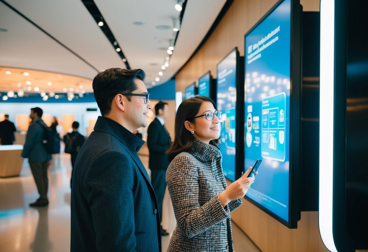 A couple explores the MIT Museum, admiring interactive exhibits and futuristic technology