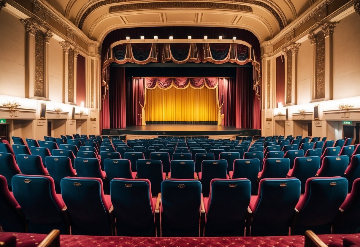 A grand theater interior with elegant architecture and rows of plush seats facing a stage with elaborate curtains and bright lights